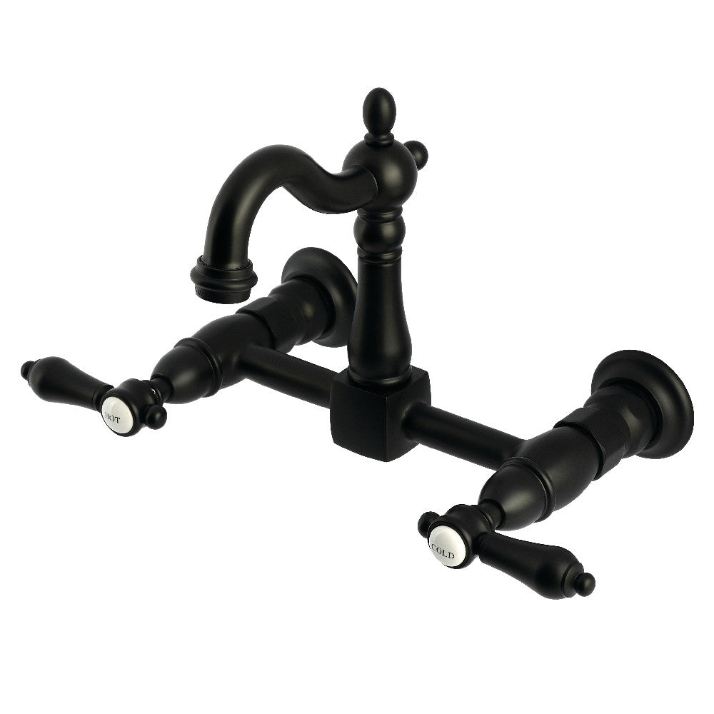 Kingston KS2443BAL Heirloom Two-Handle Wall Mount Bridge Kitchen Faucet, Antique Brass in Matte Black finish.