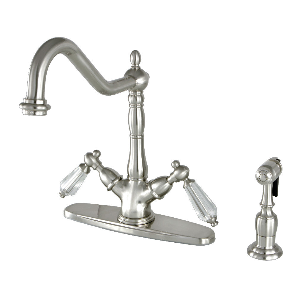 Kingston KS1238WLLBS Wilshire Two-Handle Kitchen Faucet with Brass Sprayer, Brushed Nickel in a stunning design.