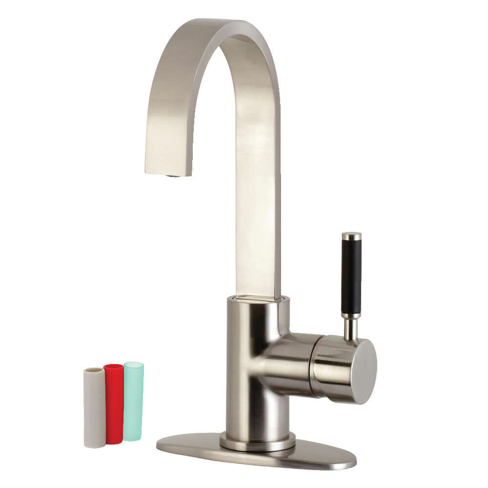 Kingston Brass LS8618DKL Kaiser Single-Handle Bar Faucet in brushed nickel, showcasing high-arc spout design from right side.