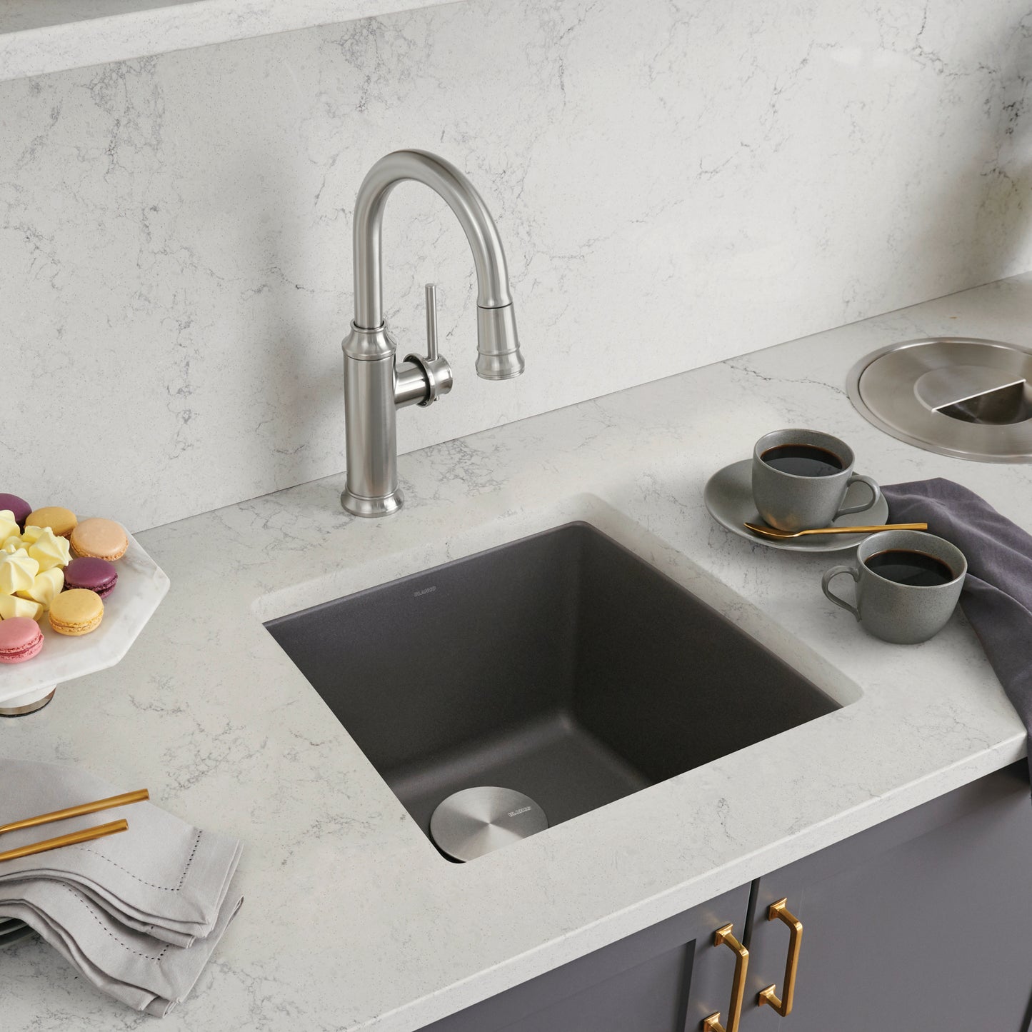 BLANCO Performa SILGRANIT 17" Undermount Bar Sink displayed in a modern kitchen countertop.