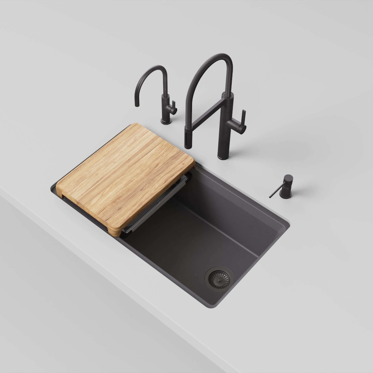 BLANCO Inteos SILGRANIT 33" Single Bowl Reversible Undermount Workstation Kitchen Sink with wood cutting board and faucet.