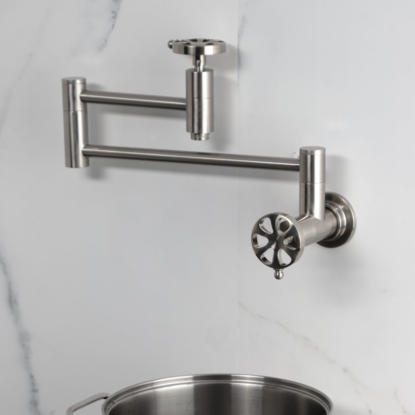 Kingston Brass KS8103RX Belknap Wall Mount Pot Filler Faucet, Antique Brass with swing arms