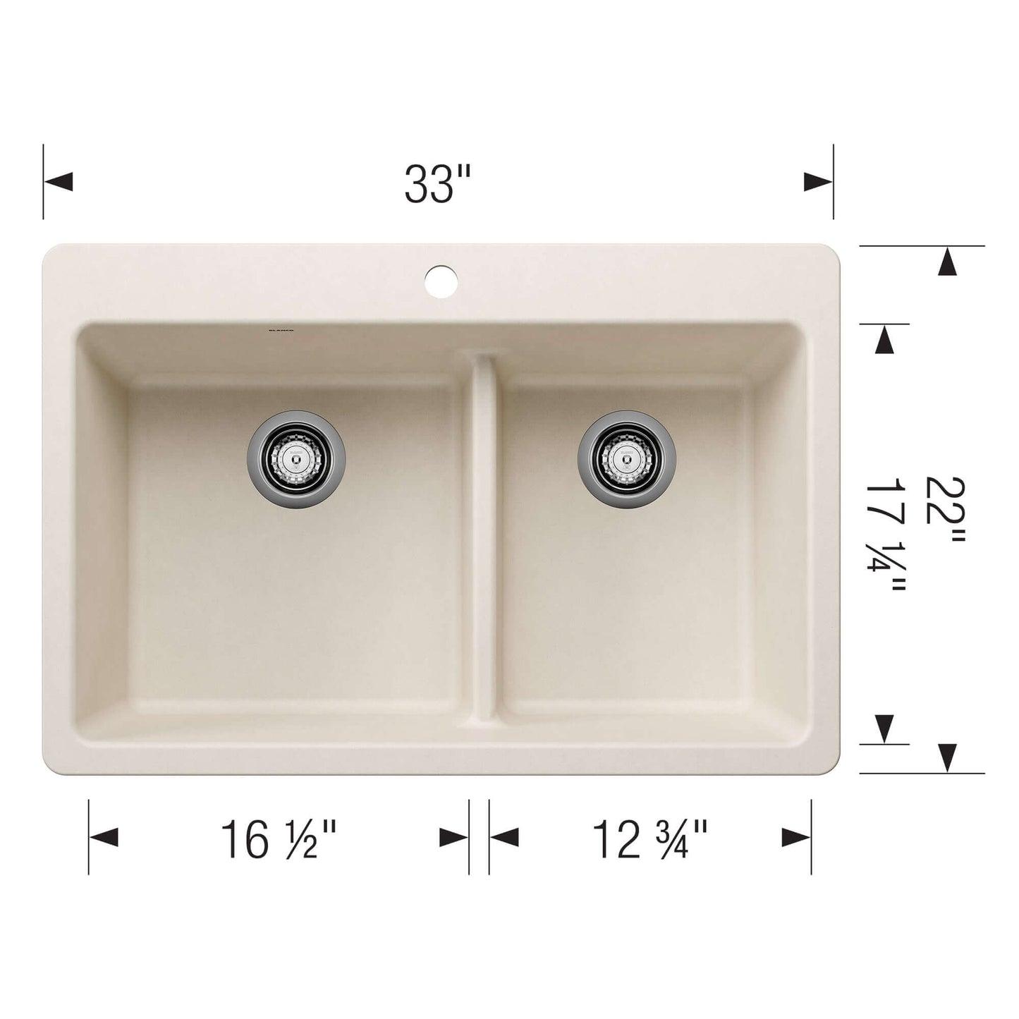 BLANCO Liven SILGRANIT 33" 60/40 Double Bowl Dual Mount Kitchen Sink with Low Divide dimensions and design features.