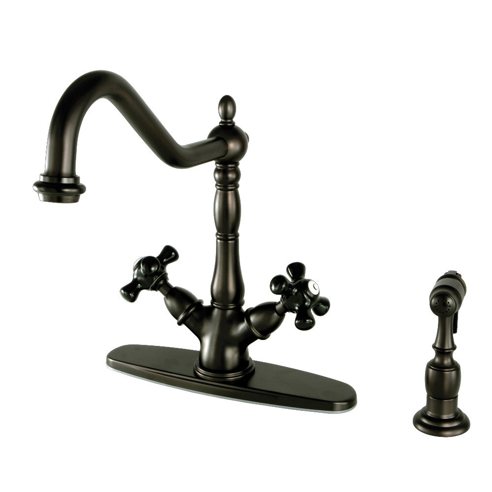 Kingston KS1238PKXBS Duchess Two-Handle Kitchen Faucet with Brass Sprayer, Brushed Nickel