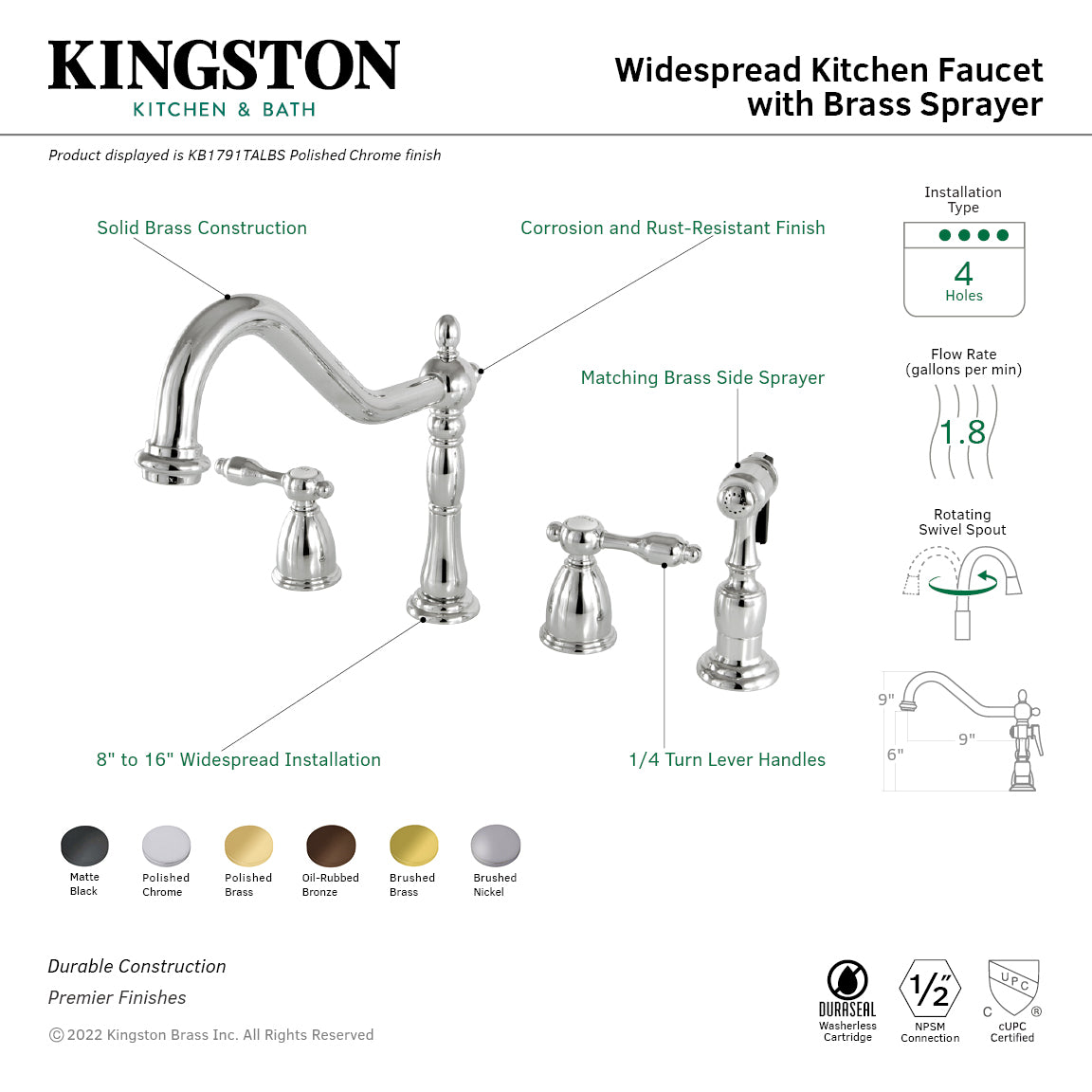 Kingston Brass KB1797TALBS Tudor Double-Handle Widespread Kitchen Faucet with Brass Sprayer, Brushed Brass