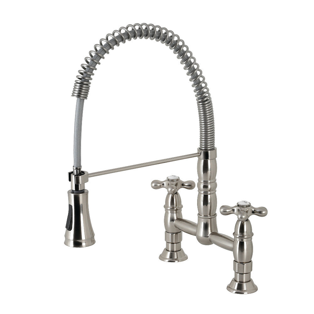 Gourmetier GS1273AX Heritage Double-Handle Deck-Mount Pre-Rinse Bridge Kitchen Faucet, Antique Brass with brushed nickel finish