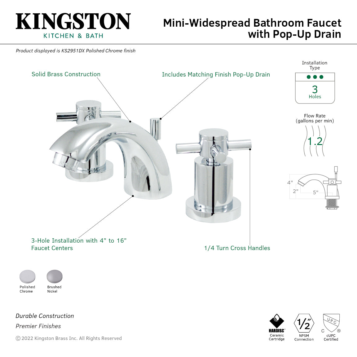 Kingston Brass KS2958DX Concord Mini-Widespread Bathroom Faucet left side view with pop-up drain and cross handles.
