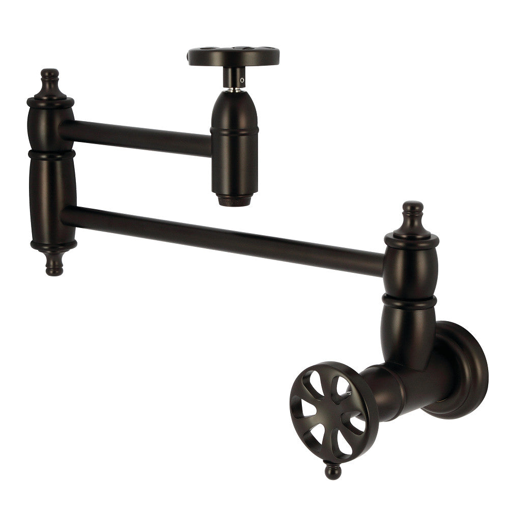 Kingston Brass KS3103RX Belknap Wall Mount Pot Filler Faucet, Antique Brass with foldable swing arms.