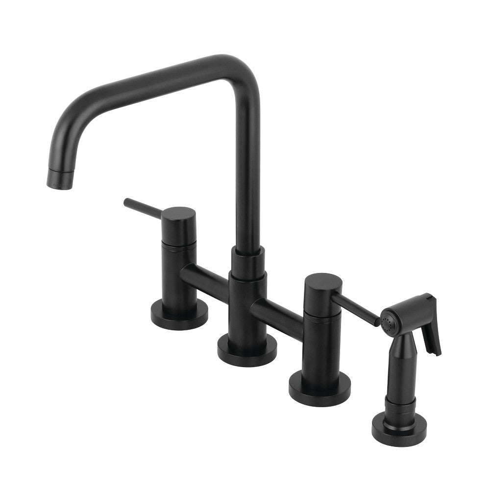 Kingston KS8287DLBS Concord Bridge Kitchen Faucet with Brass Sprayer, Brushed Brass in Matte Black finish.