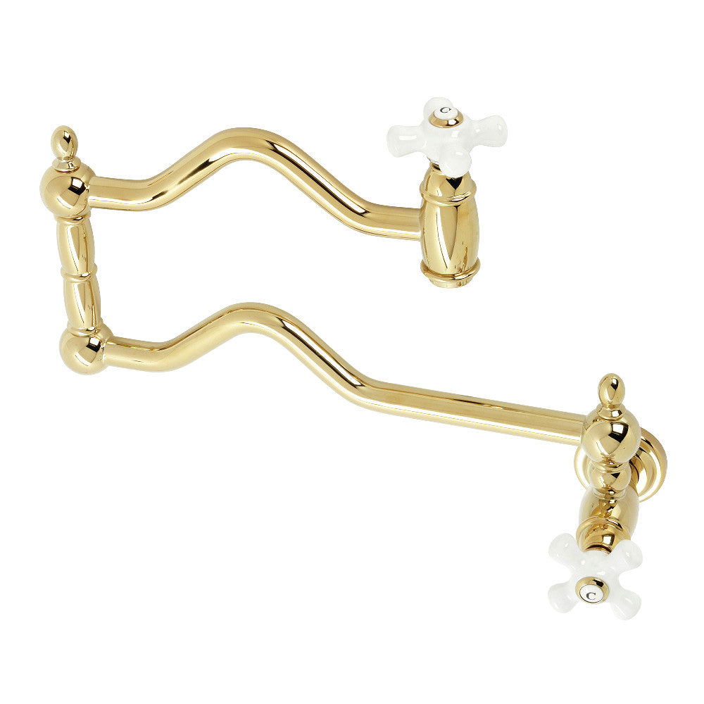 Kingston Brass KS2107PX Heritage Wall Mount Pot Filler Faucet, Brushed Brass with cross handle design and foldable swing arms.