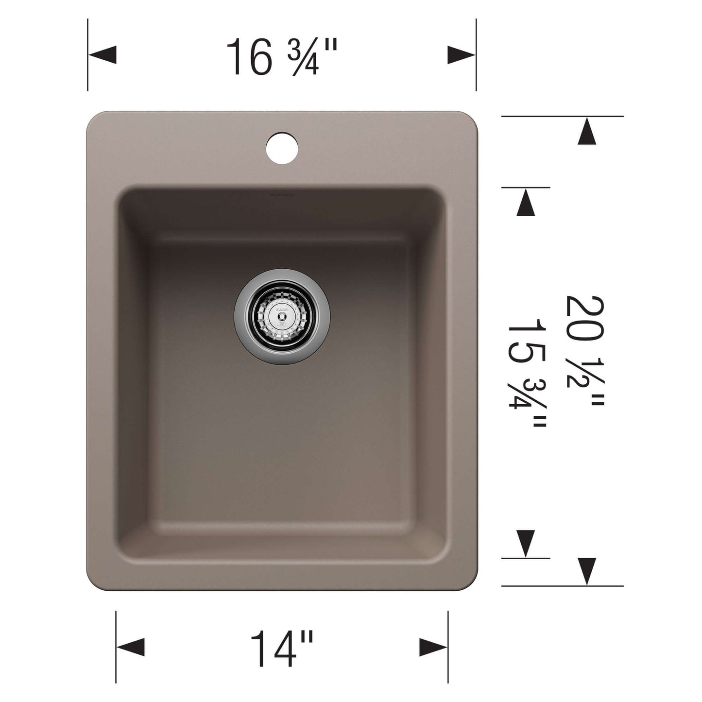 BLANCO Liven SILGRANIT 17" Dual Mount Bar Sink with dimensions for kitchen and bar applications.