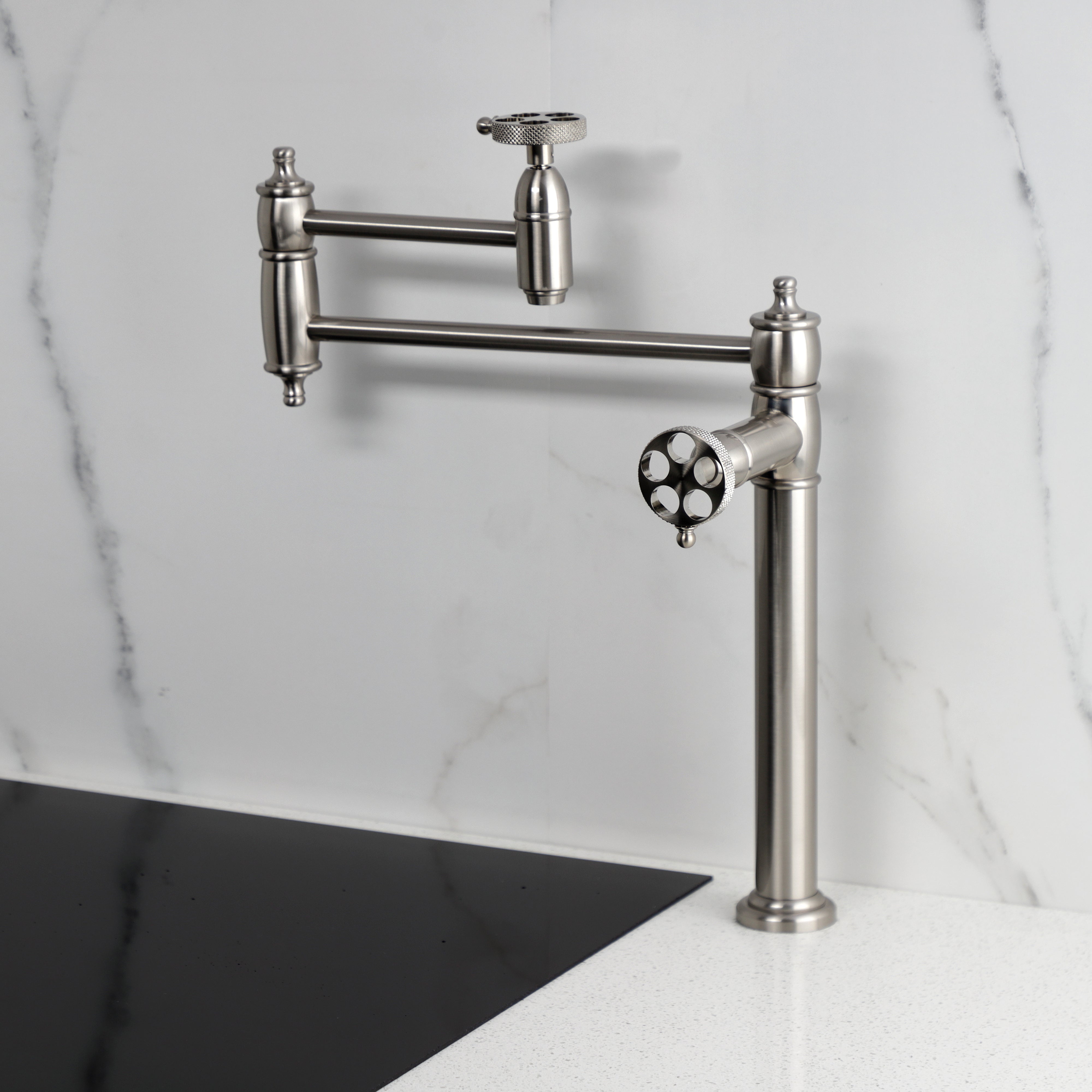 Kingston Brass KS3703RKX Webb Deck Mount Pot Filler Faucet with Knurled Handle, Antique Brass in kitchen setting