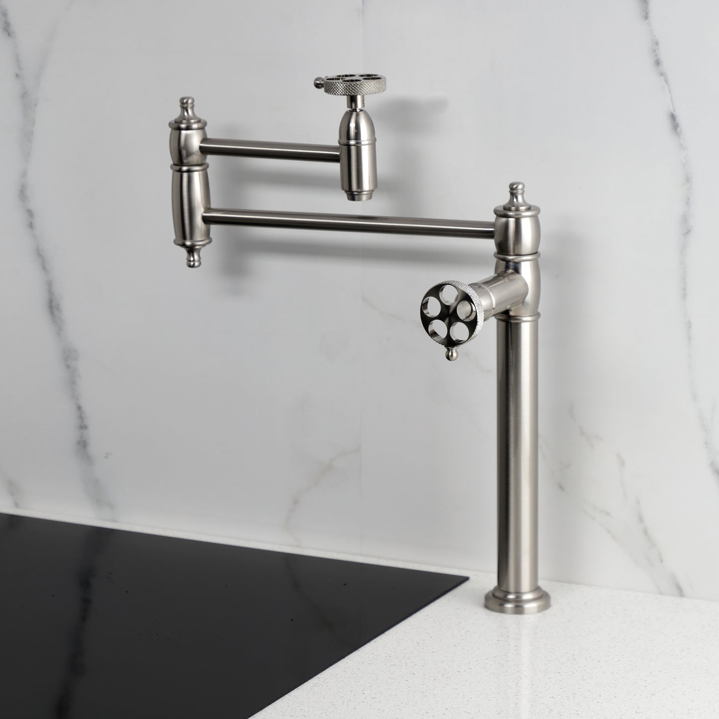 Kingston Brass KS3703RKX Webb Deck Mount Pot Filler Faucet with Knurled Handle, Antique Brass in kitchen setting