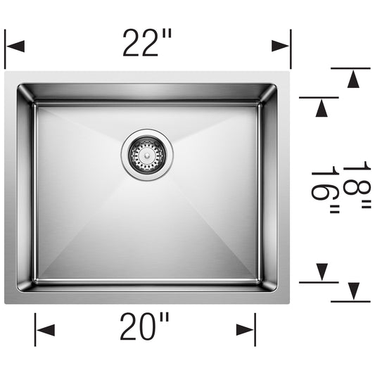 BLANCO Quatrus R15 22" Single Bowl Undermount Stainless Steel Kitchen Sink with dimensions labeled.