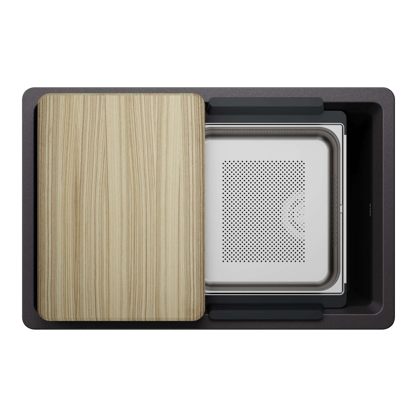 BLANCO Inteos SILGRANIT 30" Single Bowl Reversible Undermount Workstation Kitchen Sink with cutting board and colander.