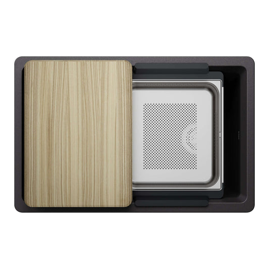 BLANCO Inteos SILGRANIT 30" Single Bowl Reversible Undermount Workstation Kitchen Sink with cutting board and colander.