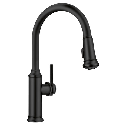 BLANCO Empressa High Arc Pull-Down Dual-Spray Kitchen Faucet in matte black finish, showcasing elevated spout design.