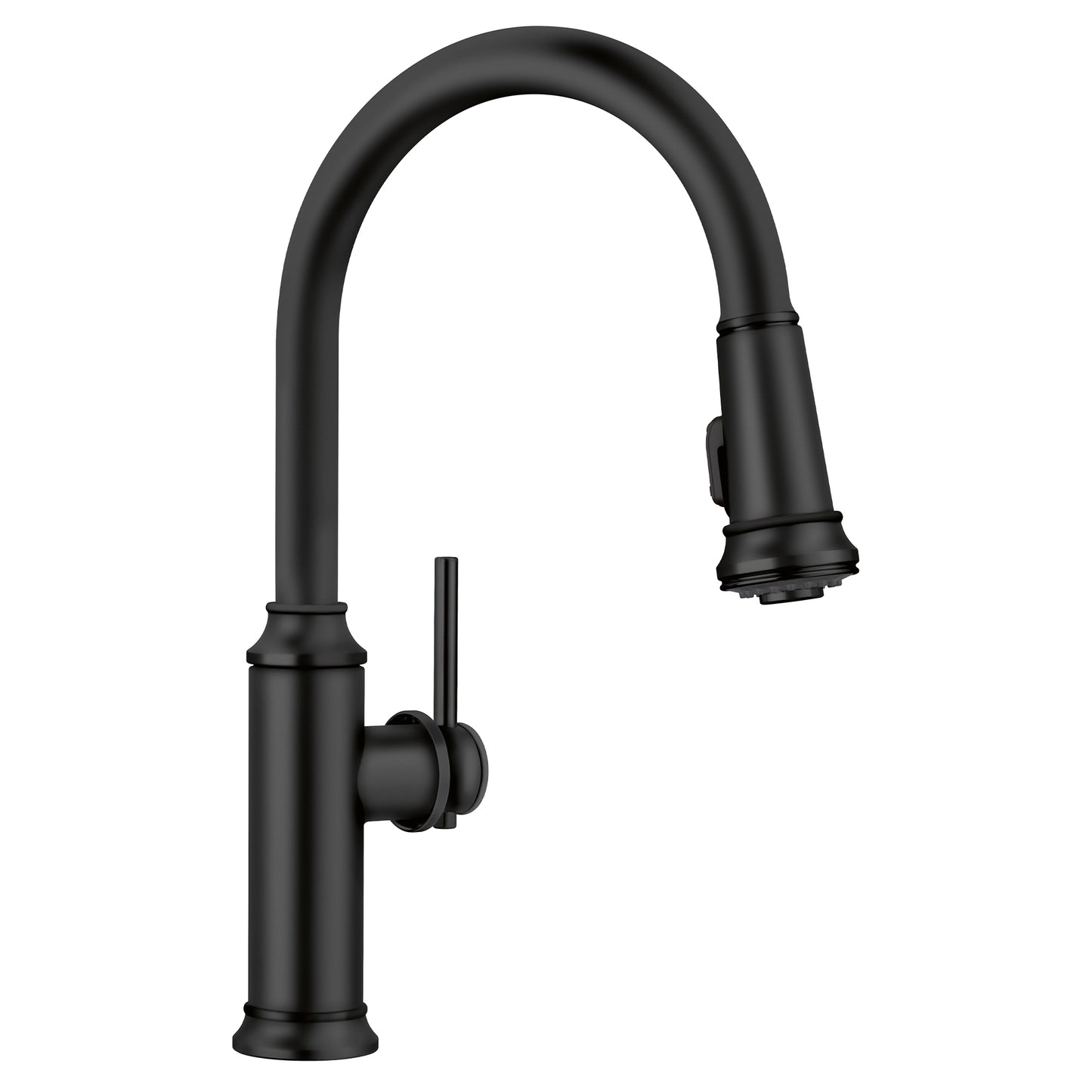 BLANCO Empressa High Arc Pull-Down Dual-Spray Kitchen Faucet in matte black finish, showcasing elevated spout design.