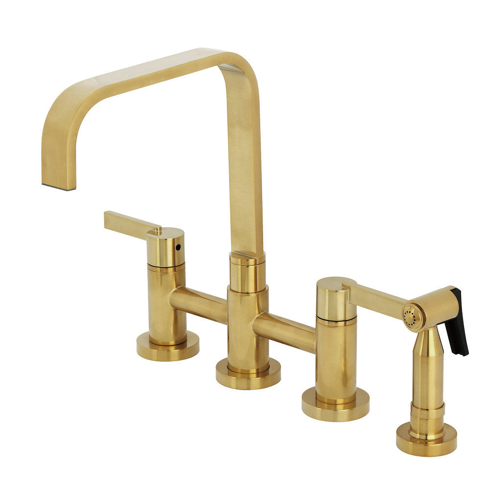 Kingston KS8257CTLBS Continental Bridge Kitchen Faucet with Brass Sprayer, Brushed Brass showing sleek design and modern features.
