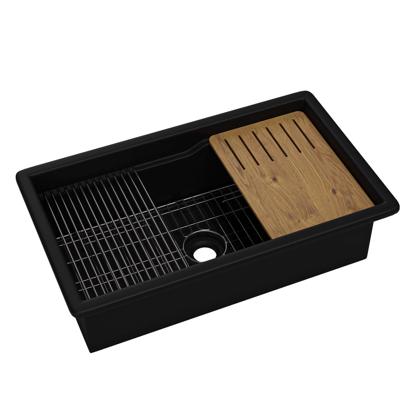 Alfi 32" Dual Mount Fireclay Workstation Kitchen Sink - ABFS3219SUD with bamboo cutting board and stainless steel grid.