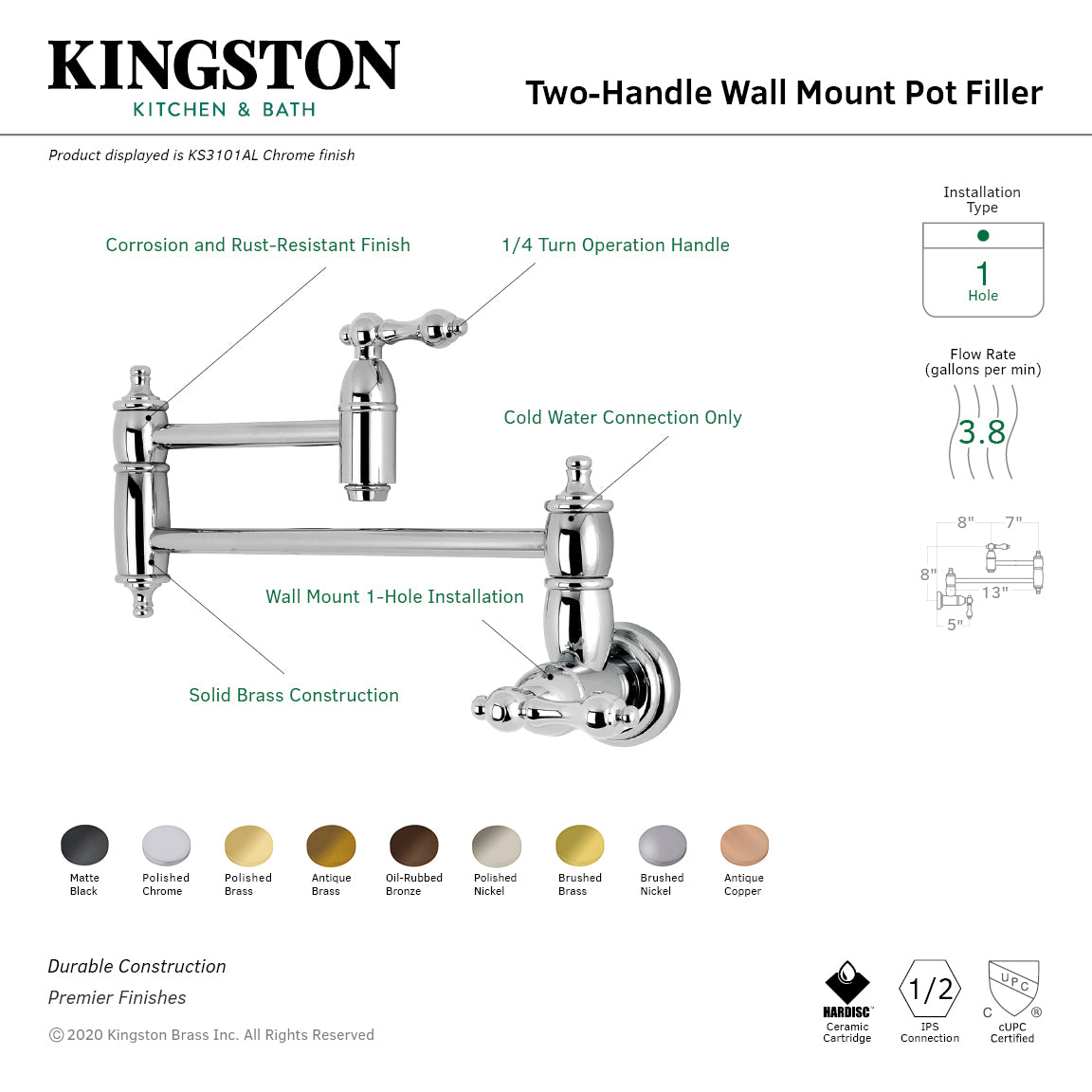 Kingston Brass KS3103AL Restoration Wall Mount Pot Filler Faucet, Antique Brass with swing arms and durable construction.