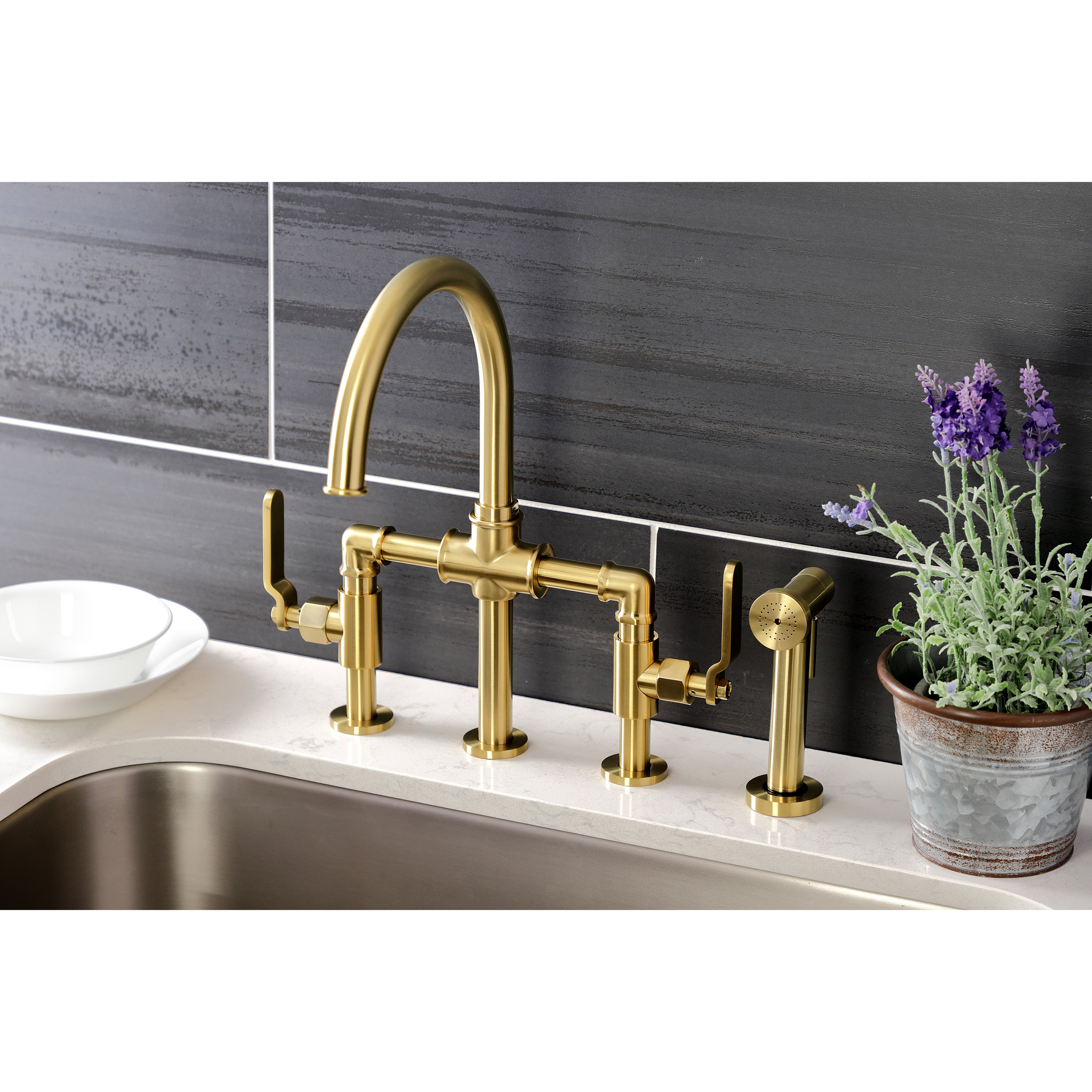 Kingston KS2333KL Whitaker Industrial Style Bridge Kitchen Faucet with Brass Sprayer, Antique Brass