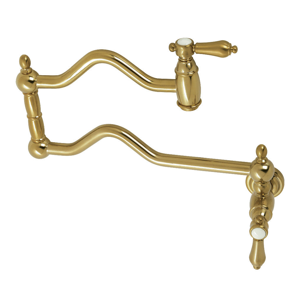 Kingston Brass KS2107BAL Heirloom Wall Mount Pot Filler Faucet, Brushed Brass with foldable swing arms.
