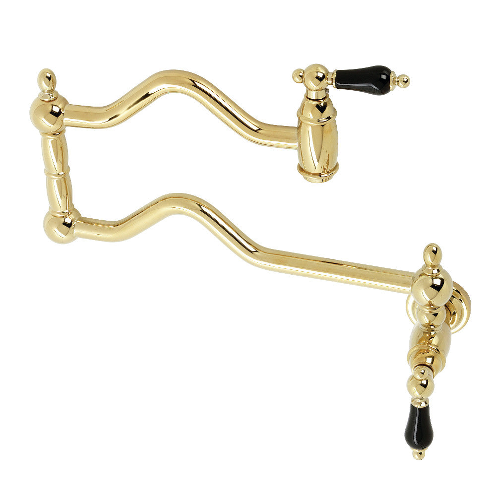 Kingston Brass KS2107PKL Duchess Wall Mount Pot Filler Faucet, Brushed Brass with black porcelain handles.