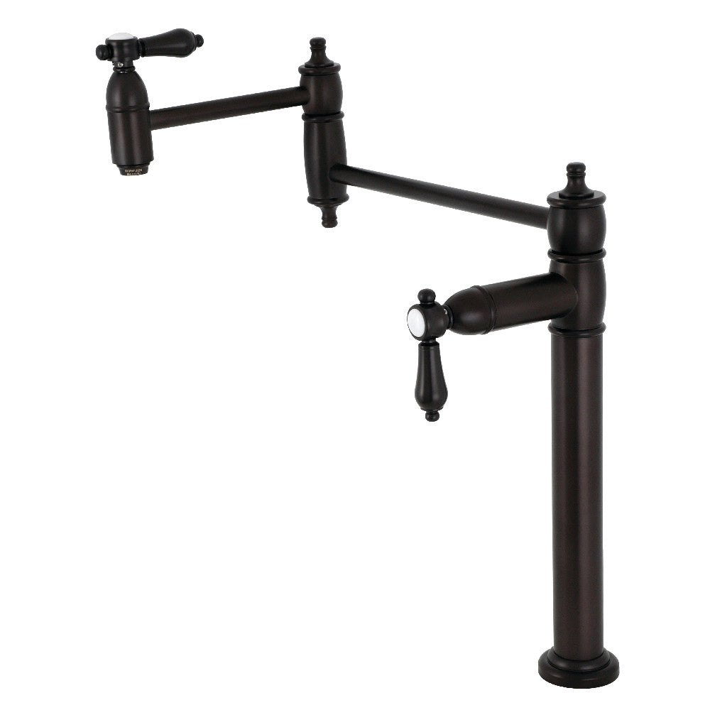 Kingston Brass KS3703BAL Heirloom Deck Mount Pot Filler Faucet, Antique Brass with foldable swing arms and oil rubbed bronze finish.