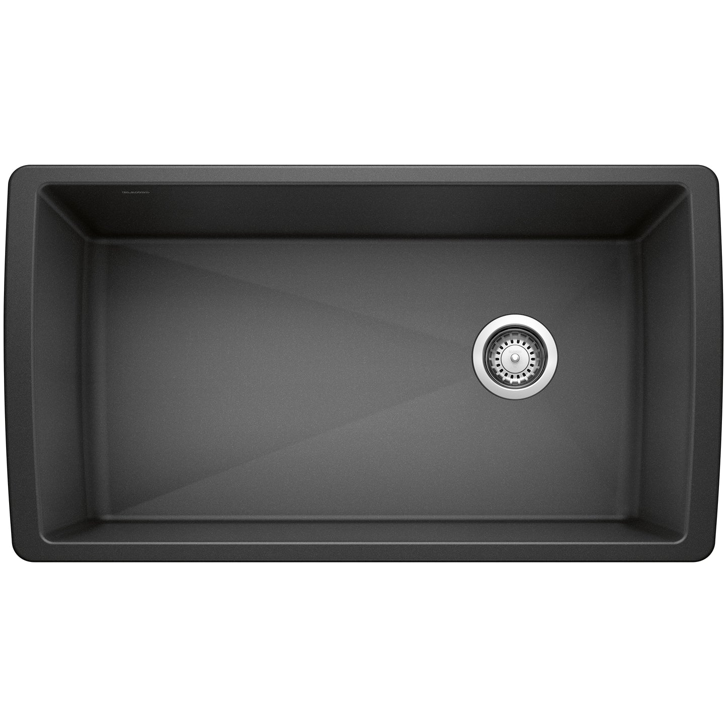 BLANCO Diamond SILGRANIT 33" Super Single Undermount Kitchen Sink in black finish with a central drain.