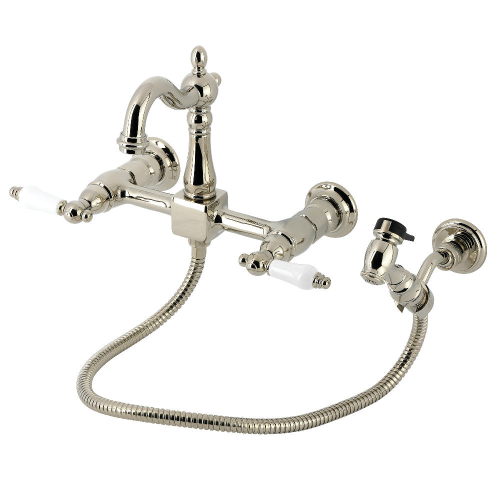 Kingston KS2443PLBS Heritage Two-Handle Wall Mount Bridge Kitchen Faucet with Brass Sprayer, Antique Brass