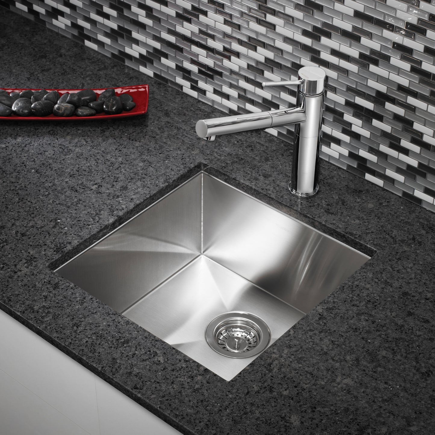 BLANCO Quatrus R0 17" Stainless Steel Undermount Bar Sink in a modern kitchen setup with stylish faucet.