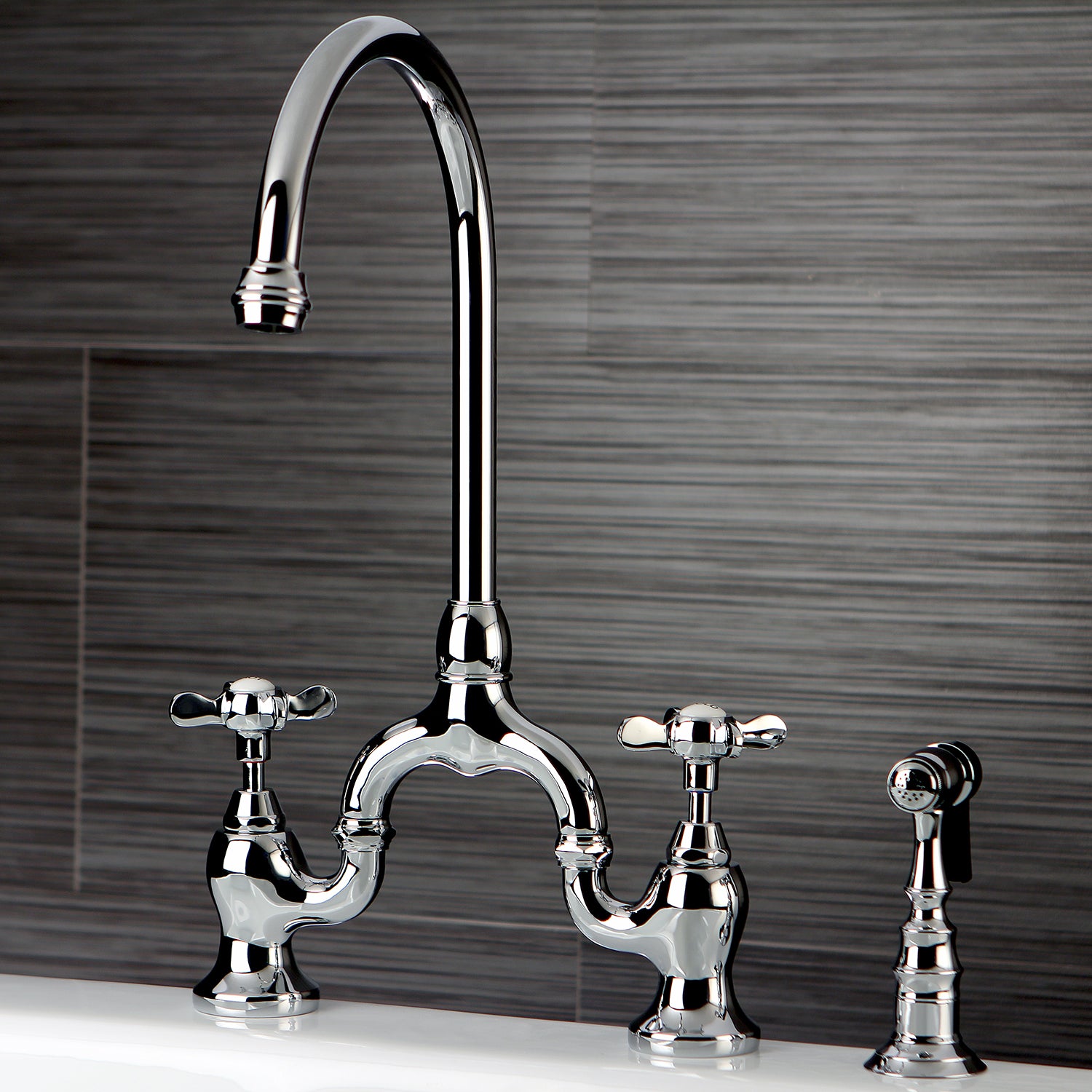 Kingston KS7798BEXBS Essex Bridge Kitchen Faucet with Brass Sprayer, Brushed Nickel