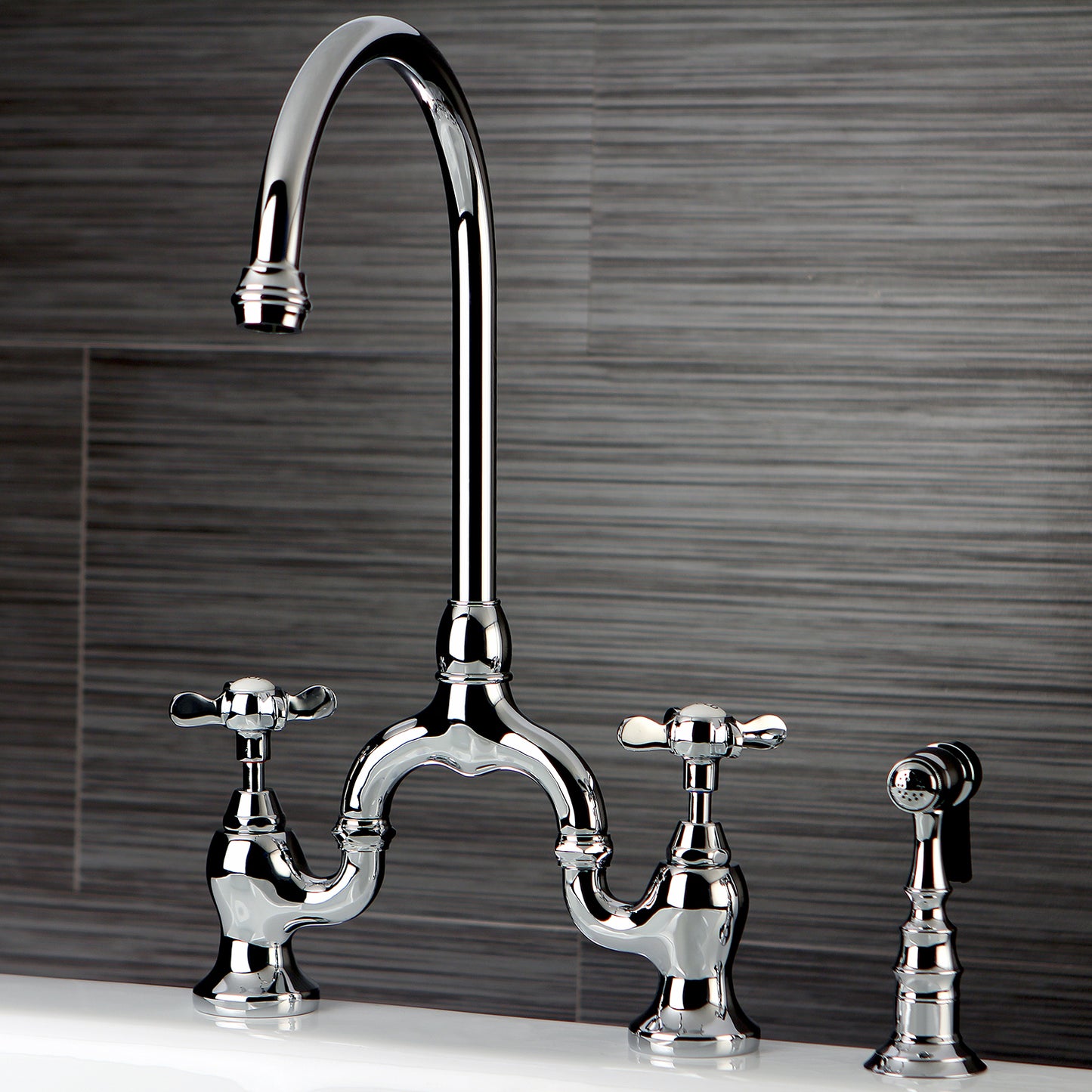 Kingston KS7798BEXBS Essex Bridge Kitchen Faucet with Brass Sprayer, Brushed Nickel