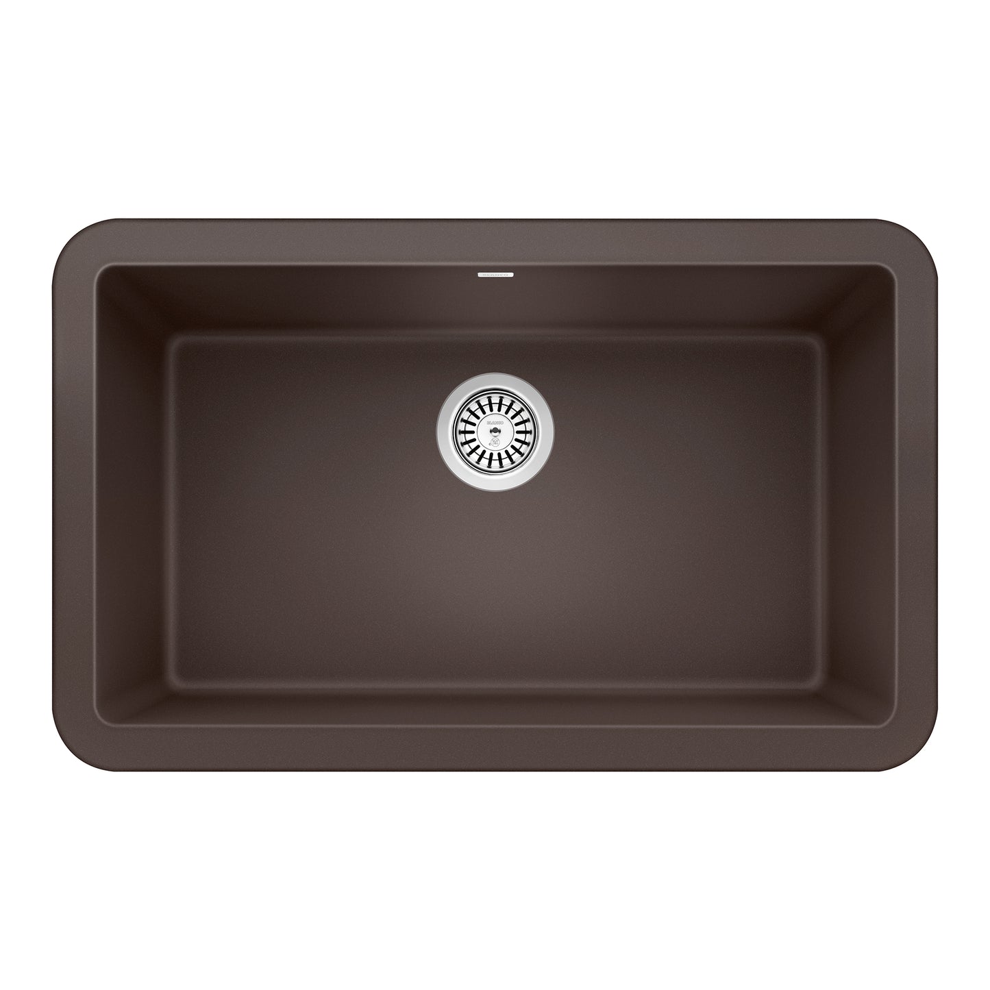 BLANCO Ikon SILGRANIT 30" Single Bowl Apron-Front Farmhouse Sink in sleek brown color with drain.