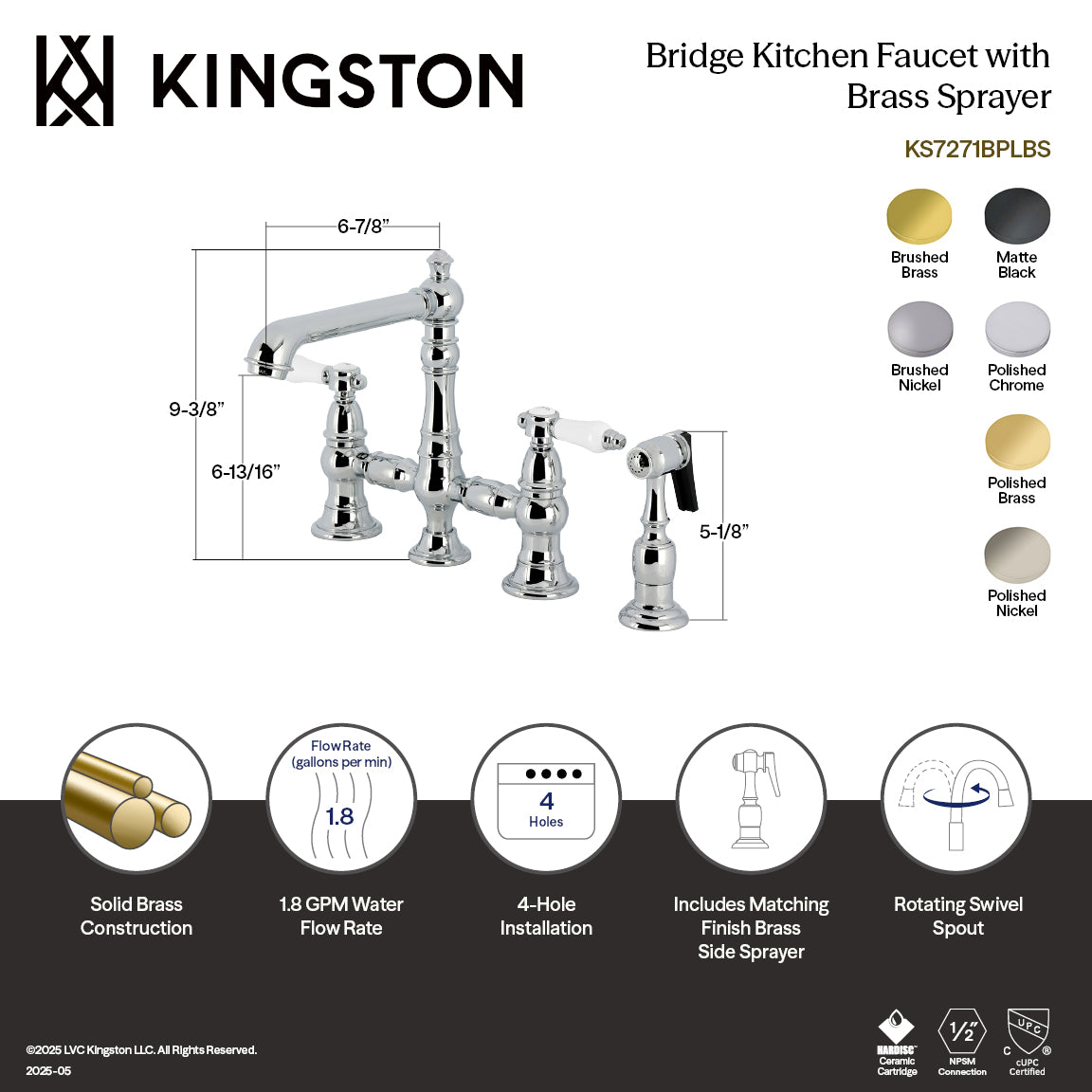 Kingston KS7277BPLBS Bel-Air Bridge Kitchen Faucet with Brass Sprayer, Brushed Brass design diagram and features