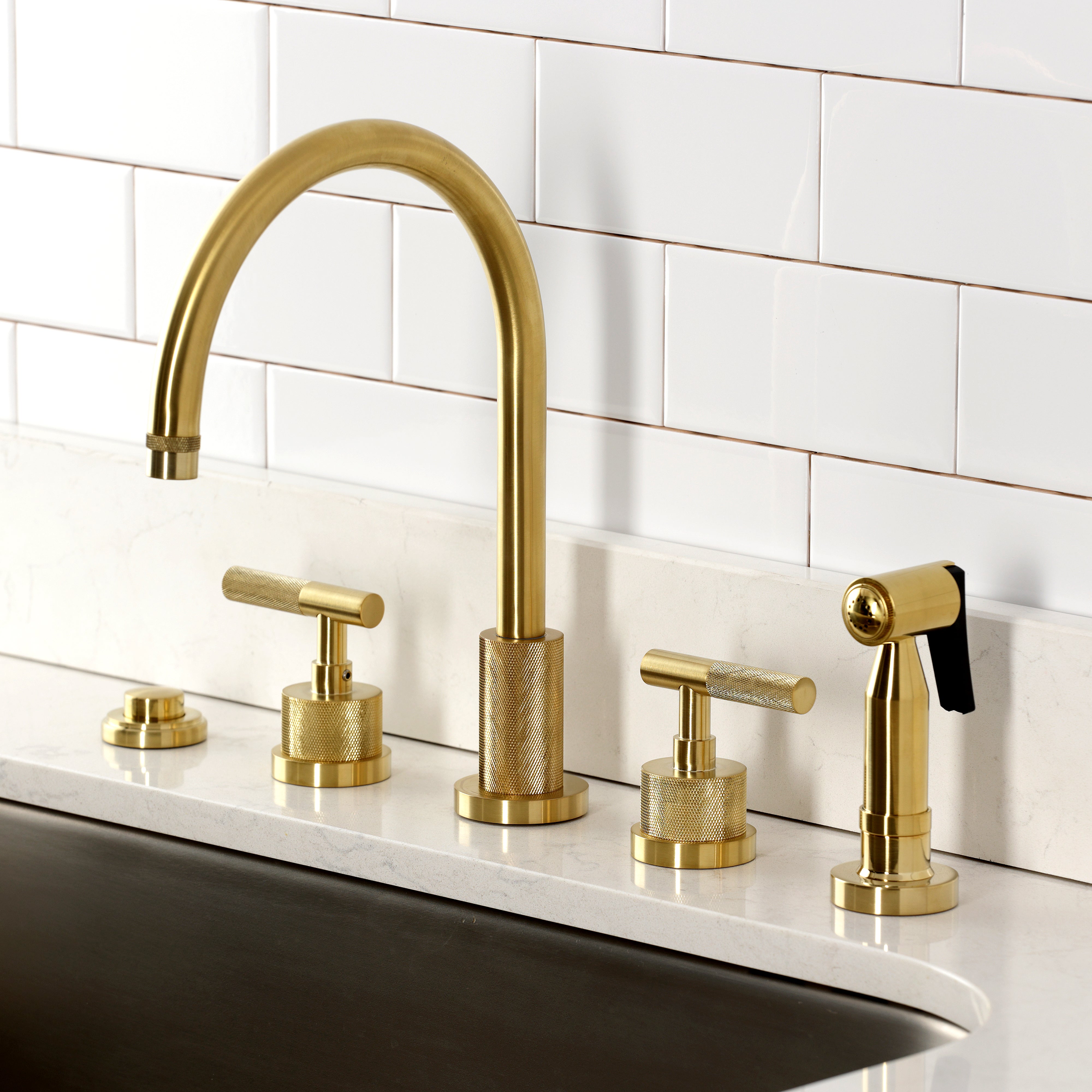 Kingston Brass KS8723KNLBS Convergent Double-Handle Widespread Kitchen Faucet with Knurled Handle and Brass Sprayer, Antique Brass