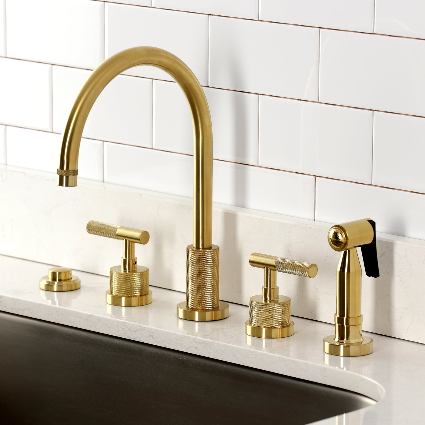 Kingston Brass KS8723KNLBS Convergent Double-Handle Widespread Kitchen Faucet with Knurled Handle and Brass Sprayer, Antique Brass
