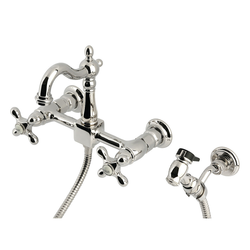 Kingston KS2443AXBS Heritage Two-Handle Wall Mount Bridge Kitchen Faucet with Brass Sprayer, Antique Brass in polished nickel finish