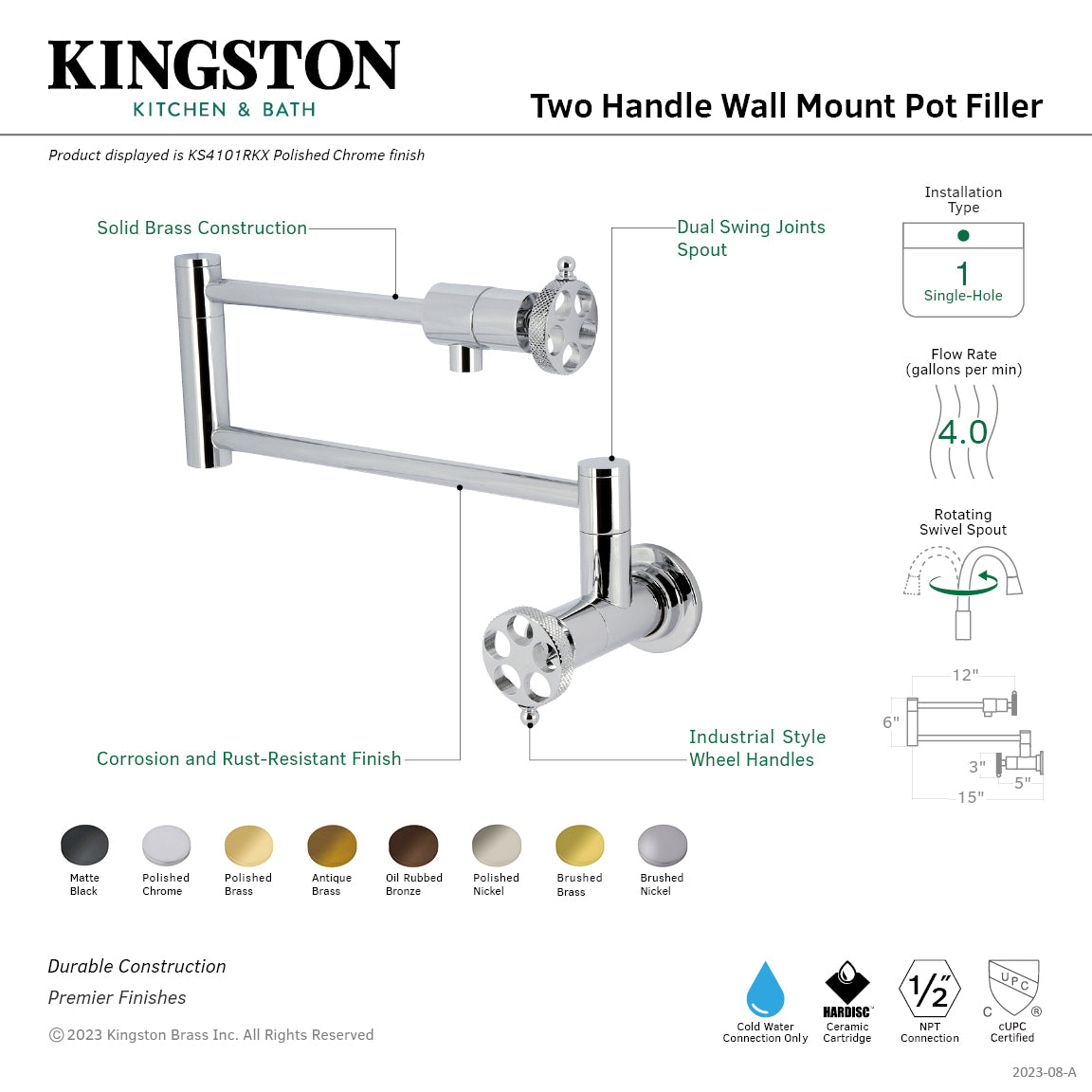Kingston Brass KS4103RKX Webb Wall Mount Pot Filler Faucet with Knurled Handle, Antique Brass design and features.