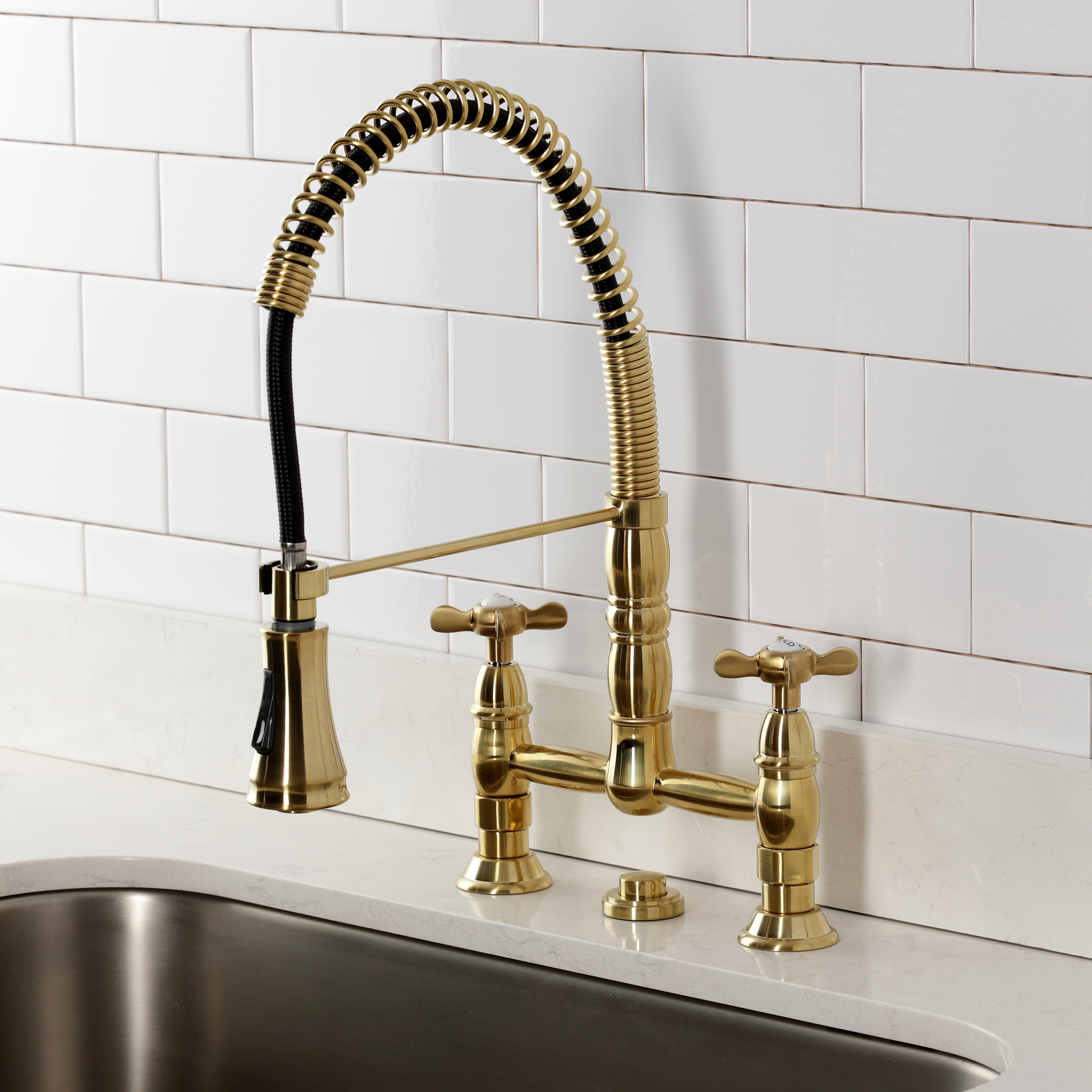Kingston Brass GS1273BEX Essex Double-Handle Deck-Mount Pre-Rinse Bridge Kitchen Faucet, Antique Brass