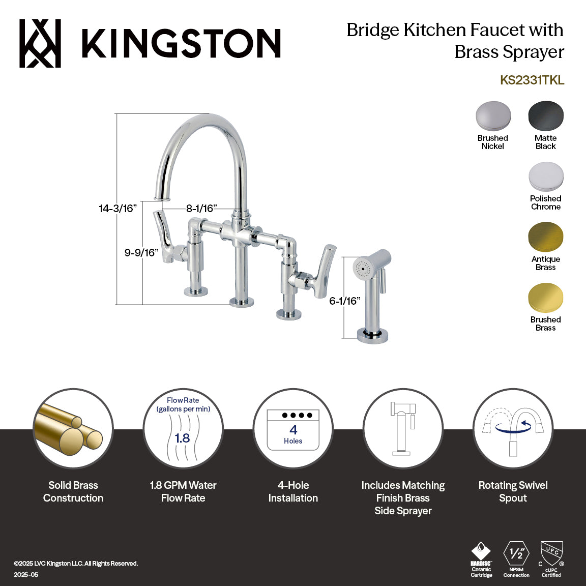 Kingston KS2333TKL Hallerbos Bridge Kitchen Faucet with Brass Sprayer, Antique Brass featuring polished chrome finish.