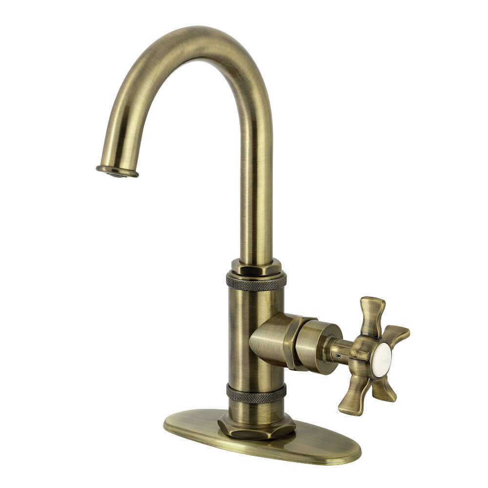 Kingston Brass KSD8503NX Hamilton Single-Handle Bar Faucet, Antique Brass with modern design and high spout for kitchen use.