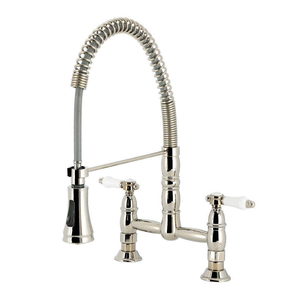 Kingston Brass GS1273BPL Bel-Air Double-Handle Deck-Mount Pre-Rinse Bridge Kitchen Faucet, Antique Brass in polished nickel finish.