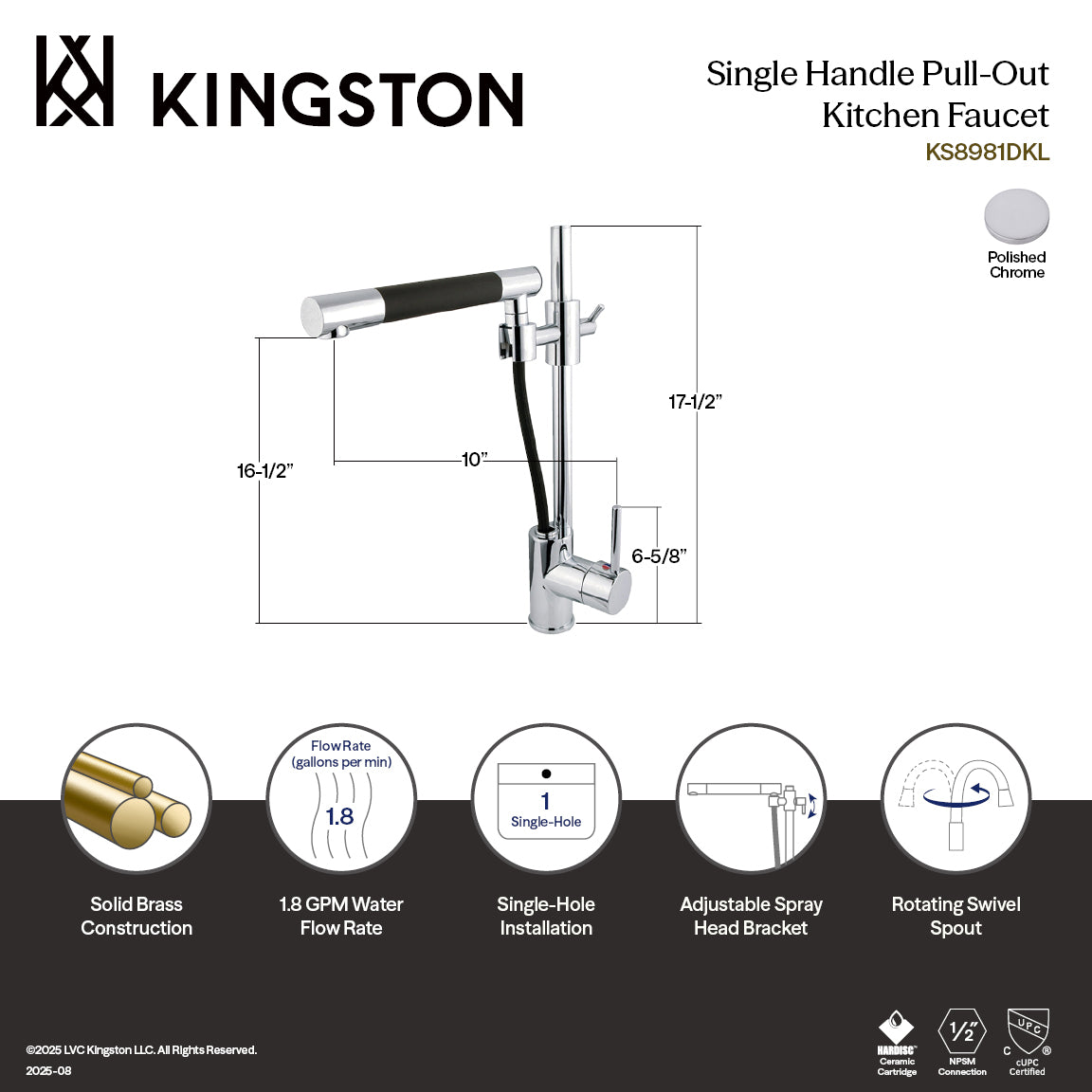 Kingston Brass KS8981DKL Concord Single-Handle Pull-Out Kitchen Faucet, Polished Chrome specifications and features