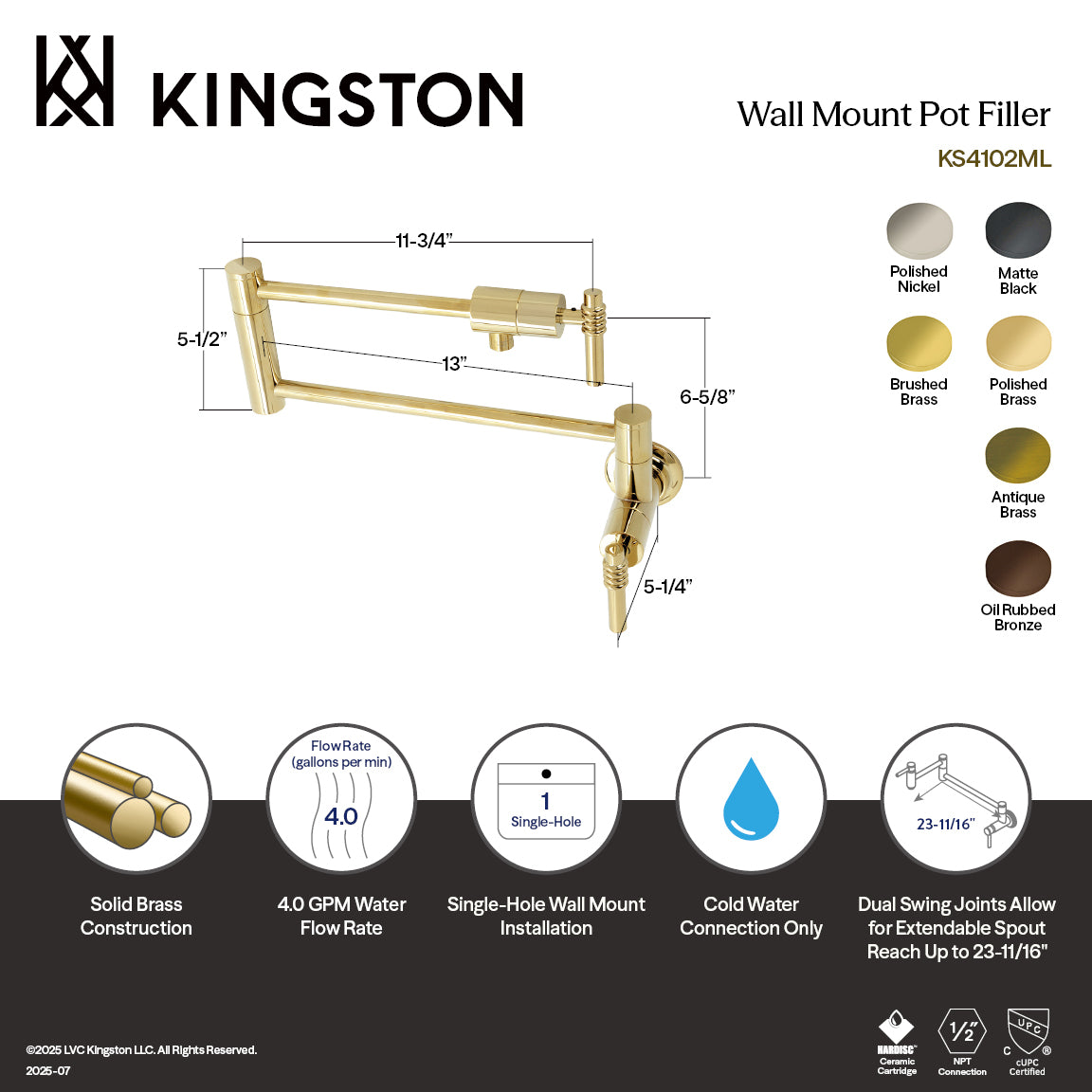 Kingston Brass KS4103ML Milano Wall Mount Pot Filler Faucet, Antique Brass with specifications and features.