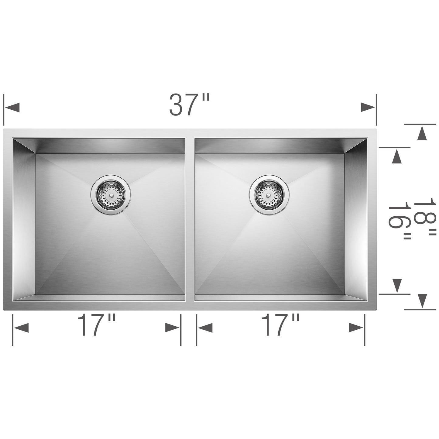 BLANCO Precision R0 37" 50/50 Double Bowl Undermount Stainless Steel Kitchen Sink dimensions and design overview.
