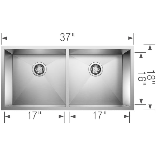 BLANCO Precision R0 37" 50/50 Double Bowl Undermount Stainless Steel Kitchen Sink dimensions and design overview.
