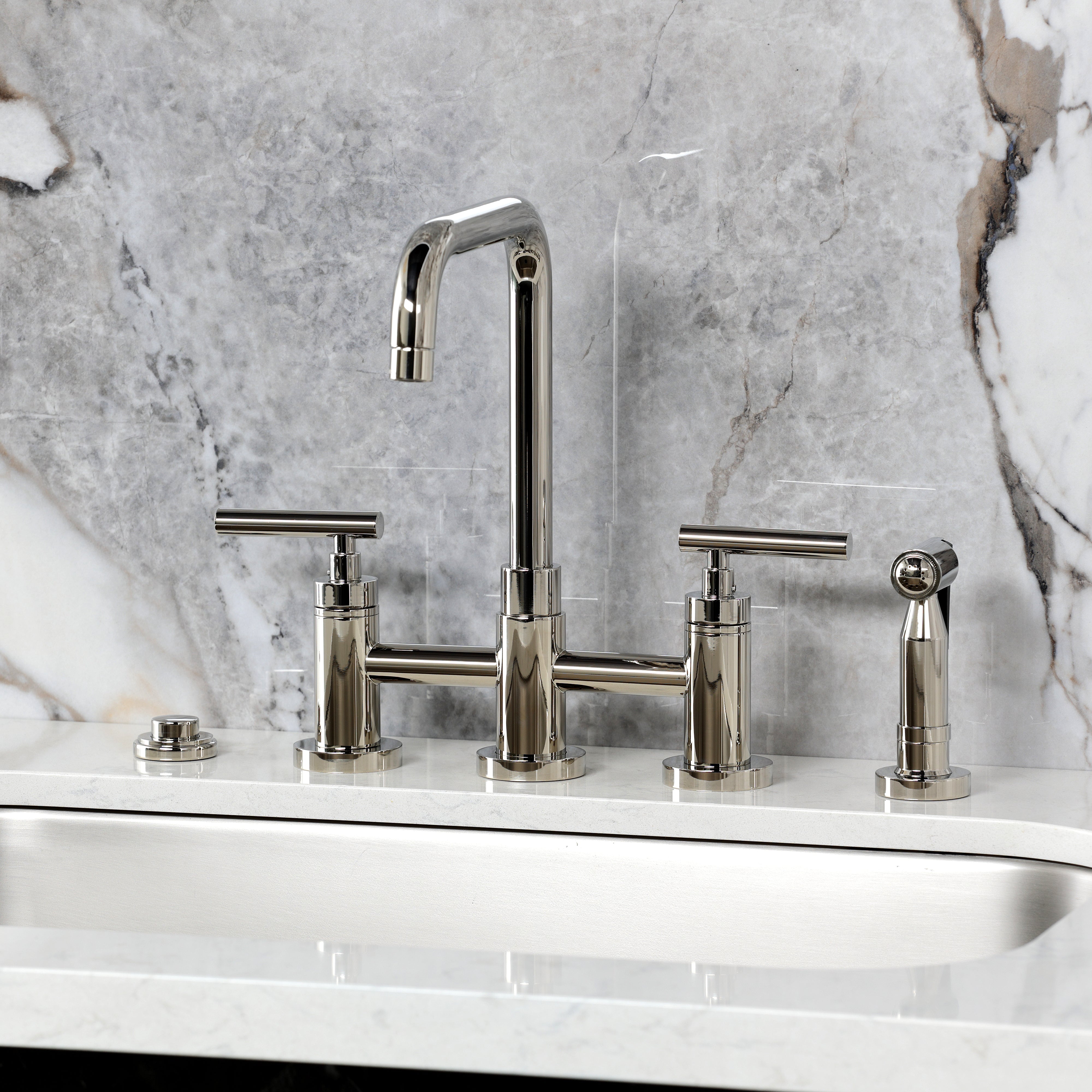 Kingston KS8287CMLBS Manhattan Bridge Kitchen Faucet with Brass Sprayer, Brushed Brass