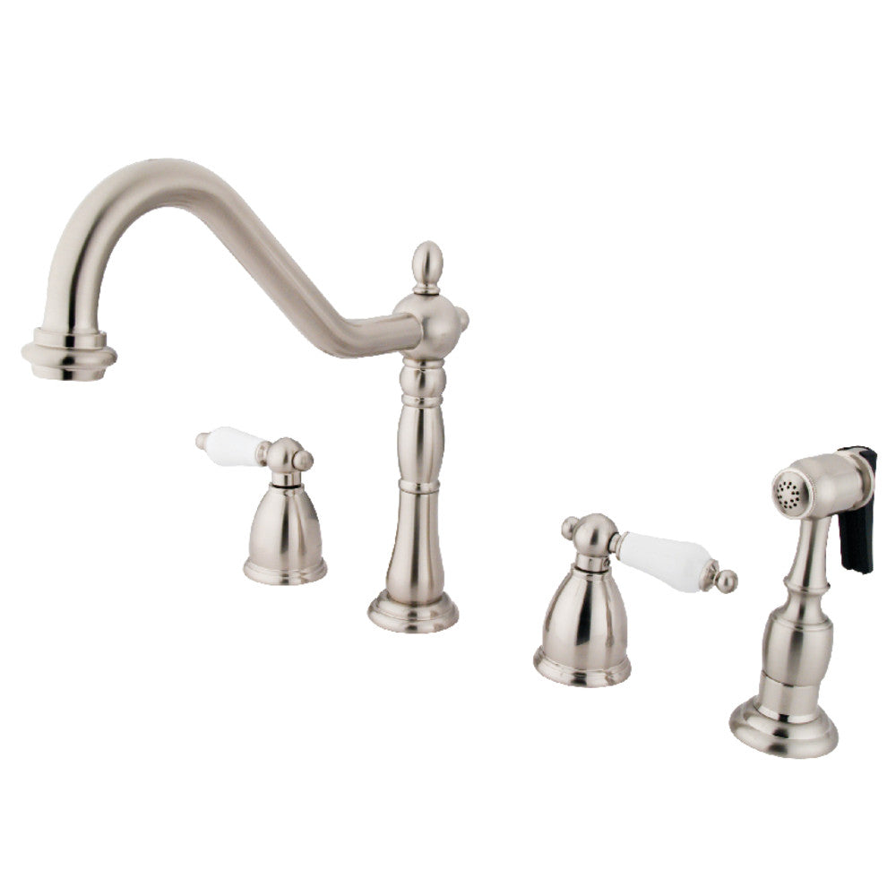 Kingston Brass KB1793PLBS Heritage Double-Handle Widespread Kitchen Faucet with Brass Sprayer, Antique Brass